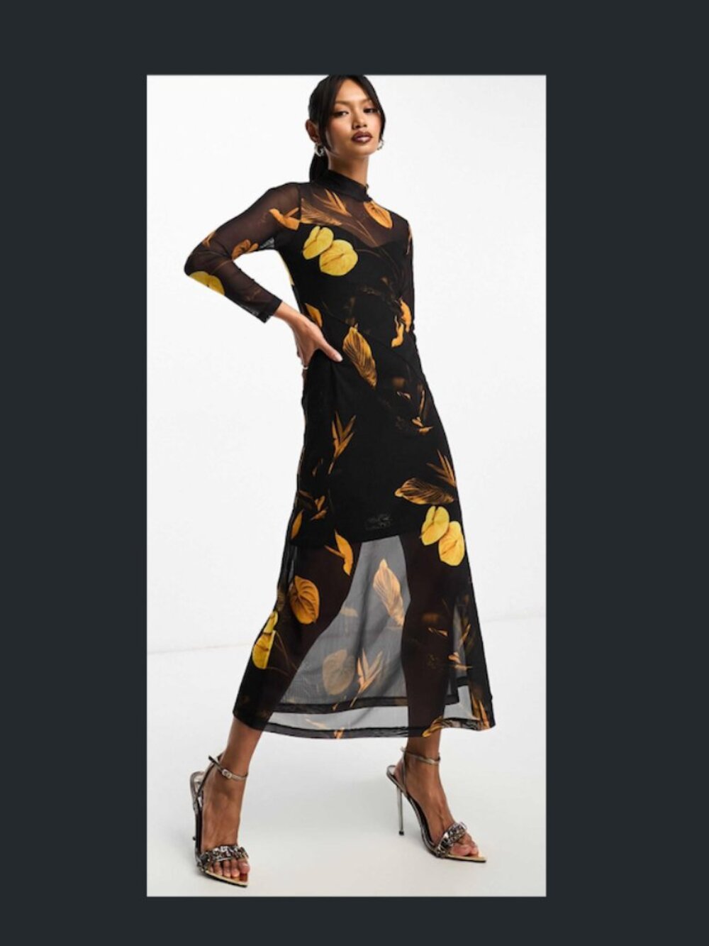 All Saints Long Sleeve Mesh Black / Yellow Flowers Maxi Dress